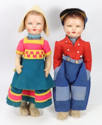 A pair of Dean&rsquo;s Rag Book Company dolls in original Dutch style costumes, English 1940s,