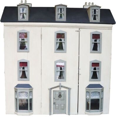 A large and impressive painted grey wooden dolls house and contents, English 1905,