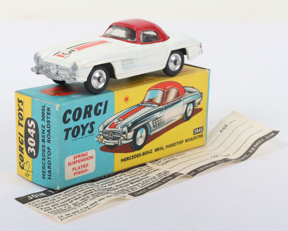 Scarce Vintage Corgi Toys 304S Mercedes Benz 300 SL Hardtop Roadster, white body, red hardtop