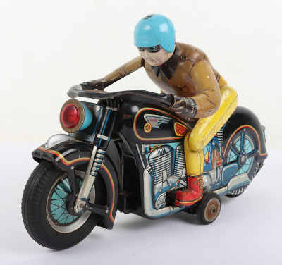 Masudaya (Japan) Battery operated Tinplate Expert Motorcyclist on Atom Motorcycle - 4