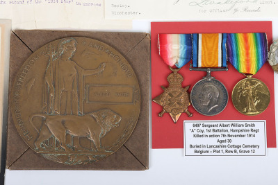 A Great War Hampshire Regiment November 1914 Killed in Action Medal Group of Three with Memorial Plaque and Some Original Documentation