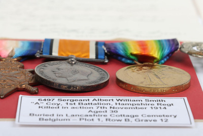 A Great War Hampshire Regiment November 1914 Killed in Action Medal Group of Three with Memorial Plaque and Some Original Documentation - 5