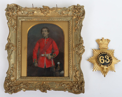 Victorian Officers French Shako Plate 1855-61 and Coloured Portrait Image of Richard William Barnardiston Crowther 63rd (West Suffolk) Regiment of Foot