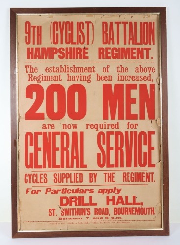 Scarce WW1 9th (Cyclist) Battalion The Hampshire Regiment Recruiting Poster