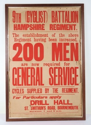 Scarce WW1 9th (Cyclist) Battalion The Hampshire Regiment Recruiting Poster