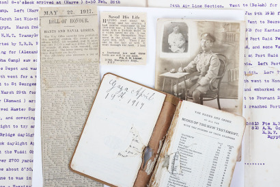 WW1 YMCA Bible of Private E H Leaver 1/8th Hampshire Regiment, Struck by Bullet on the Attack on Gaza 19th March 1917