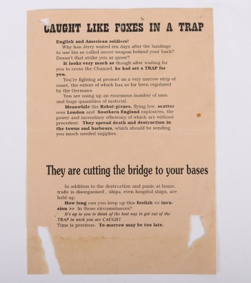 German Propaganda Drop Leaflet Dropped on Allied Troops in Normandy, &lsquo;CAUGHT LIKE FOXES IN A TRAP&rsquo;