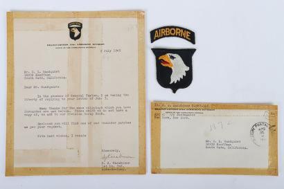 American 101st Airborne Division Letter from 1st Lt S. J. Karabinos and Airborne Patch Relating to the Letter