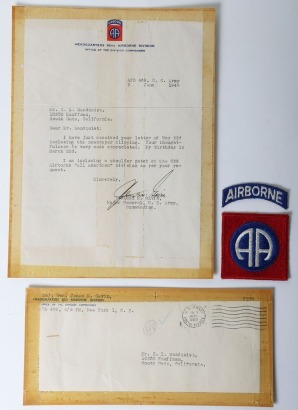 American 82nd Airborne Division Letter from Major General James M Gavin and Airborne patch relating to the Letter