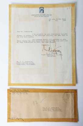 American Major General M B Ridgway signed letter, Headquarters XVIII Corps (Airborne)