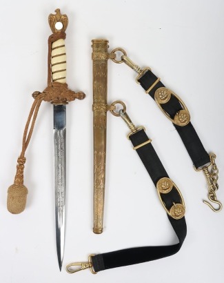 WW2 German Kriegsmarine Officers Dress Dagger with Straps and Knot by Carl Eickhorn, Solingen
