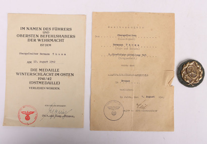 Third Reich Award Document Grouping to OGefr. H. Thumm, Kraftfahr-Abt 543