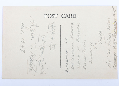 Postcard Signed by Lieutenant General Takazo Numata, Leader of the Japanese Surrender Party in Rangoon, August 1945, Chief of Staff for the Japanese Southern Army