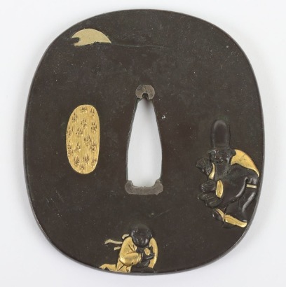 Japanese Oval Shakudo Wakizashi Tsuba