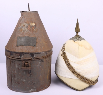 Victorian 1st Royal Dragoons Officers Foreign Service Helmet from the Sudan / Boer War Campaigns, fine example of the early pattern foreign service helmet with white cloth folded pagri. Brass patterned base and fluted officers spike. Brass linked chin cha