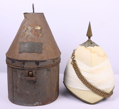 Victorian 1st Royal Dragoons Officers Foreign Service Helmet from the Sudan / Boer War Campaigns, fine example of the early pattern foreign service helmet with white cloth folded pagri. Brass patterned base and fluted officers spike. Brass linked chin cha