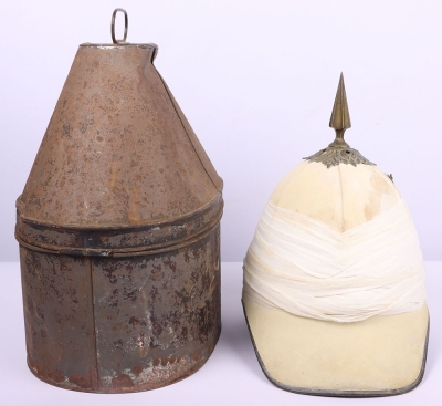Victorian 1st Royal Dragoons Officers Foreign Service Helmet from the Sudan / Boer War Campaigns, fine example of the early pattern foreign service helmet with white cloth folded pagri. Brass patterned base and fluted officers spike. Brass linked chin cha - 3