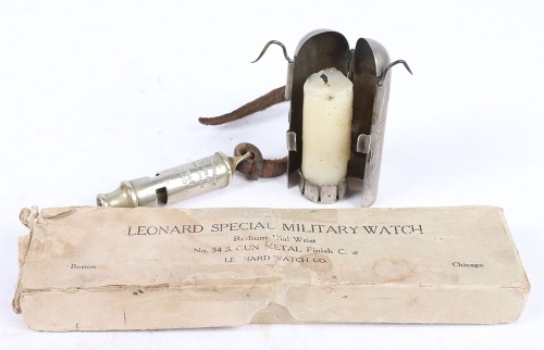 A Great War Wrist Watch- 1900 Dated Whistle and Trench Candle Holder