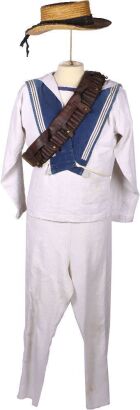 Edwardian / WW1 Royal Navy Ratings Uniform, Equipment and Straw Boater Headdress, good set of the white Royal Navy jersey top and trousers with blue bib. Complete with early brown leather ammunition bandolier. Early Royal Navy straw boater headdress with 