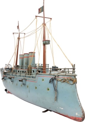 A Bing live steam tinplate three Funnel Gunboat, German circa 1905