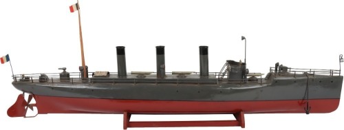 Largest Bing live steam tinplate three funnel Torpedo boat, German circa 1908