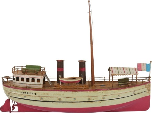A Bing clockwork tinplate two funnel River boat &lsquo;Charlotte&rsquo;, German circa 1905