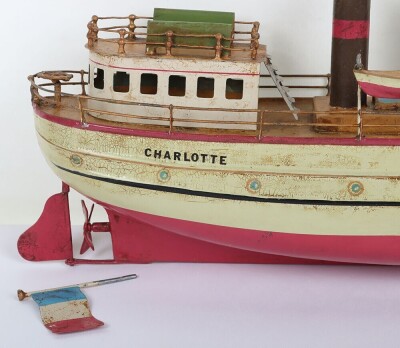 A Bing clockwork tinplate two funnel River boat &lsquo;Charlotte&rsquo;, German circa 1905 - 2