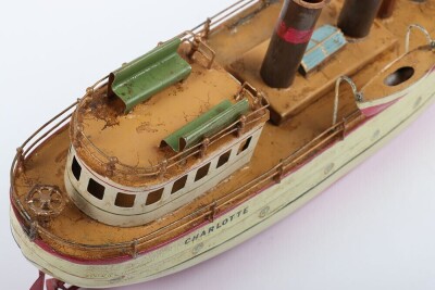 A Bing clockwork tinplate two funnel River boat &lsquo;Charlotte&rsquo;, German circa 1905 - 6