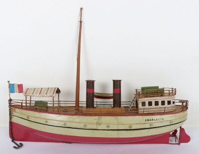 A Bing clockwork tinplate two funnel River boat &lsquo;Charlotte&rsquo;, German circa 1905 - 8
