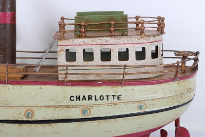 A Bing clockwork tinplate two funnel River boat &lsquo;Charlotte&rsquo;, German circa 1905 - 9