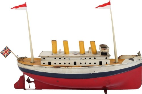 A Bing clockwork tinplate four funnel Ocean liner, German circa 1920