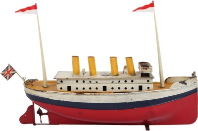 A Bing clockwork tinplate four funnel Ocean liner, German circa 1920