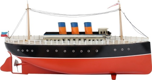 A Bing clockwork tinplate three funnel Ocean liner, German 1920s