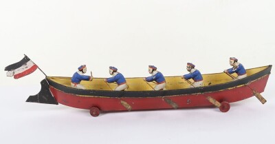 Interesting hand painted tinplate rowing boat floor toy, German circa 1900 - 8