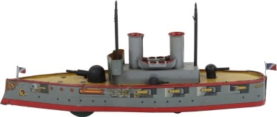 A Mohr & Krausz lithographed tinplate clockwork Gunship &lsquo;Mars&rsquo; floor toy, German circa 1910