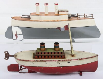 Small tinplate three funnel Gunship and two funnel Ocean liner, German circa 1910/20 - 2