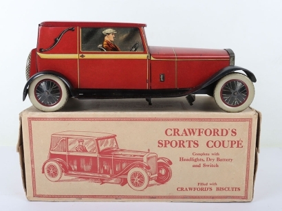 A rare boxed William Crawford & Sons Ltd Sports Coupe biscuit tin, 1920s