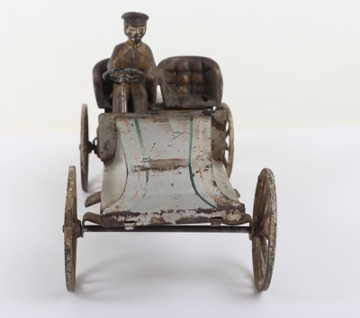 Interesting tinplate clockwork two-seater Racer with cast iron driver, probably American circa 1905 - 2