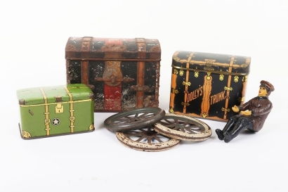 Tinplate luggage trunks, spare wheels and composition driver