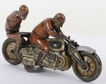CKO Kellerman tinplate clockwork Motorbike with racing driver and leaning passenger, German 1930s