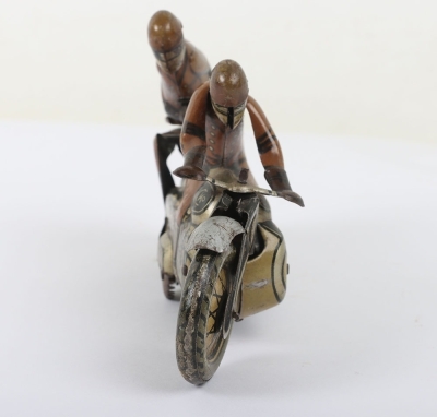 CKO Kellerman tinplate clockwork Motorbike with racing driver and leaning passenger, German 1930s - 2