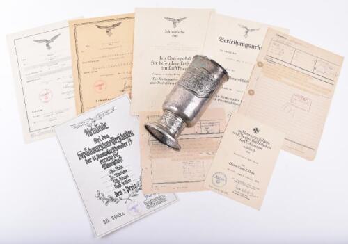 Rare Third Reich Luftwaffe Air Gunners Silver Honour Goblet (Ehrenpokal) and Document Grouping, Serving with Bomber Squadron (Kampfgeschwarder) KG-77