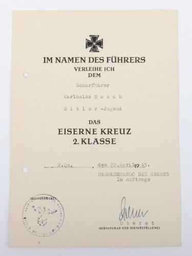 Very Rare Hitler Youth Iron Cross 2nd Class Citation, Believed to be to One of the Hitler Youth Members Defending Berlin Who Were Famously Inspected by Adolf Hitler in the Reichs Chancellery Garden in Late April 1945