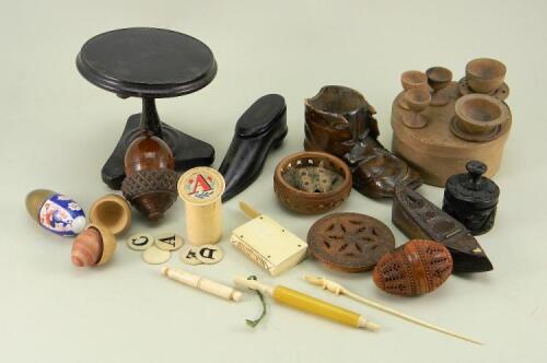 Bone Alphabet counters, miniature book container and a selection of turned wooden treen ware,