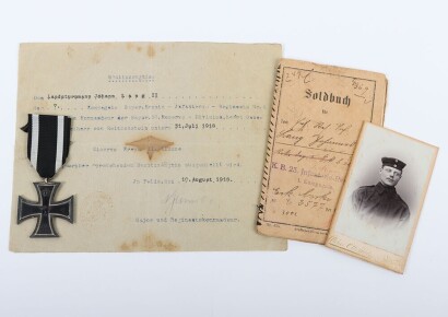 WW1 1914 Iron Cross 2nd Class, Soldbuch, Iron Cross 2nd Class award certificate 1918 and Portrait Photograph to Landsturmann J. Lang, 7./Erstatz- Infanterie-Batallion 4