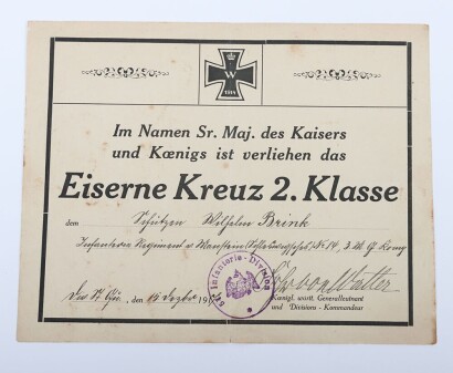 WW1 1914 Iron Cross 2nd Class Certificate to Rifleman Wilhelm Brink, Infanterie-Regiment 84