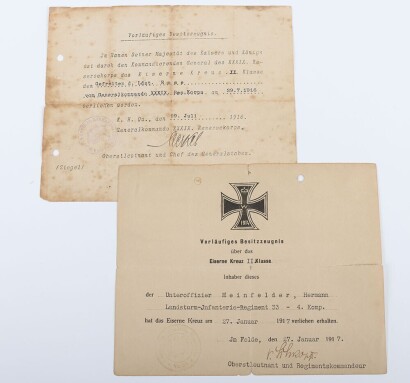 WW1 Iron Cross 2nd Class Certificate to Uffz. H. Meinfelder, 4./Infanterie-Regiment 33