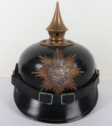 Imperial German Saxon Ersatz Tin Pickelhaube, interesting other ranks pickelhaube produced in black finished tin with Saxon other ranks helmet plate to the centre. Brass other ranks spike with plain domed rivets. Reichs and Saxon state cockades in our opi