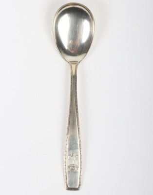 Third Reich Adolf Hitler Personal Silverware Set Table Spoon, fine example with raised AH and eagle to the lower stem. Greek key pattern to the edge. Reverse with 800 silver marks and crown with crescent moon. Good condition overall. Accompanied by photoc