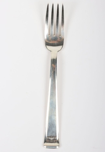 Third Reich Deutsche Reichsbahn Silver Dessert Fork from Adolf Hitler's Glass Observation Wagon, the small dessert fork has the eagle and swastika with 'D' and 'R' to the lower stem. Reverse with German 800 silver marks and the wagon number '282'. General